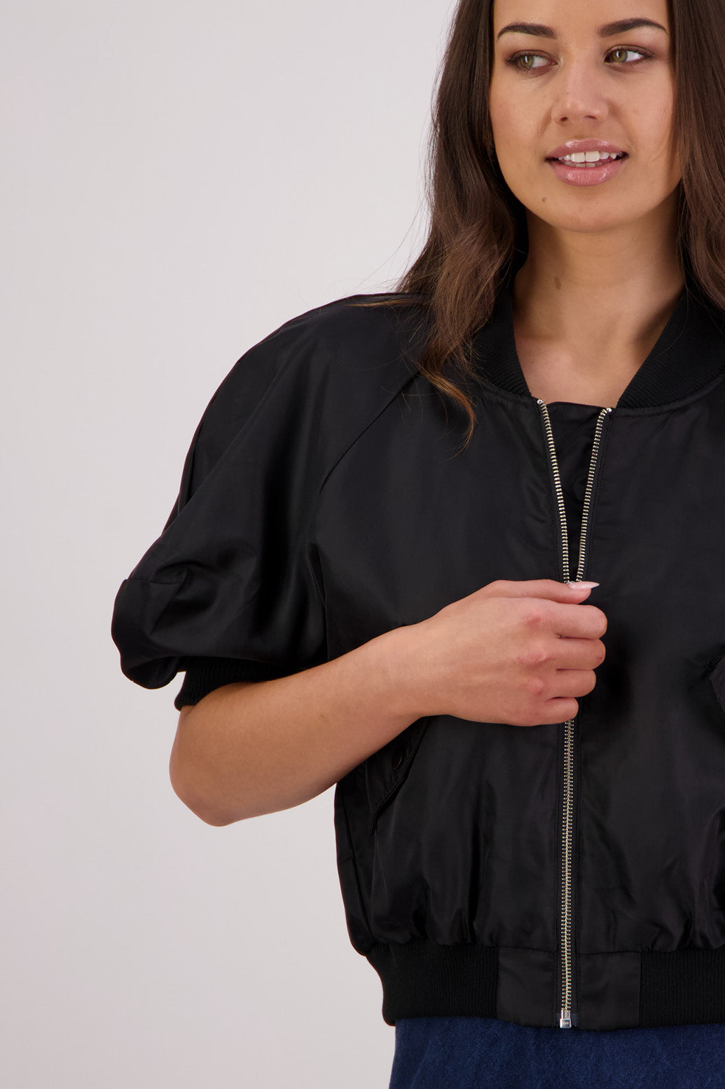 Closeup front view Briarwood Tarzan Bomber Jacket in Black.