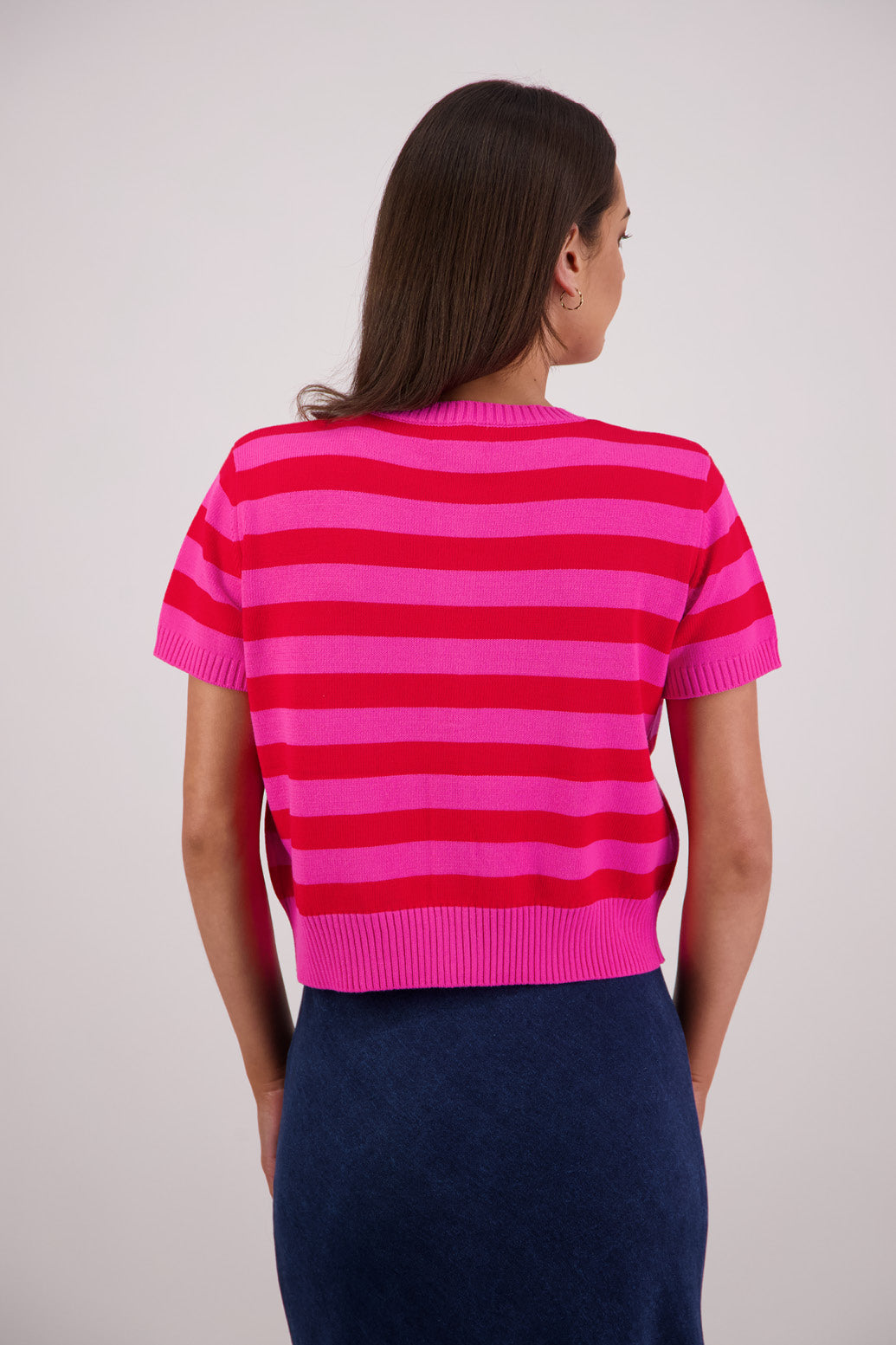 Back view Briarwood Tasha Knit Cardigan in Pink/Red Stripe.