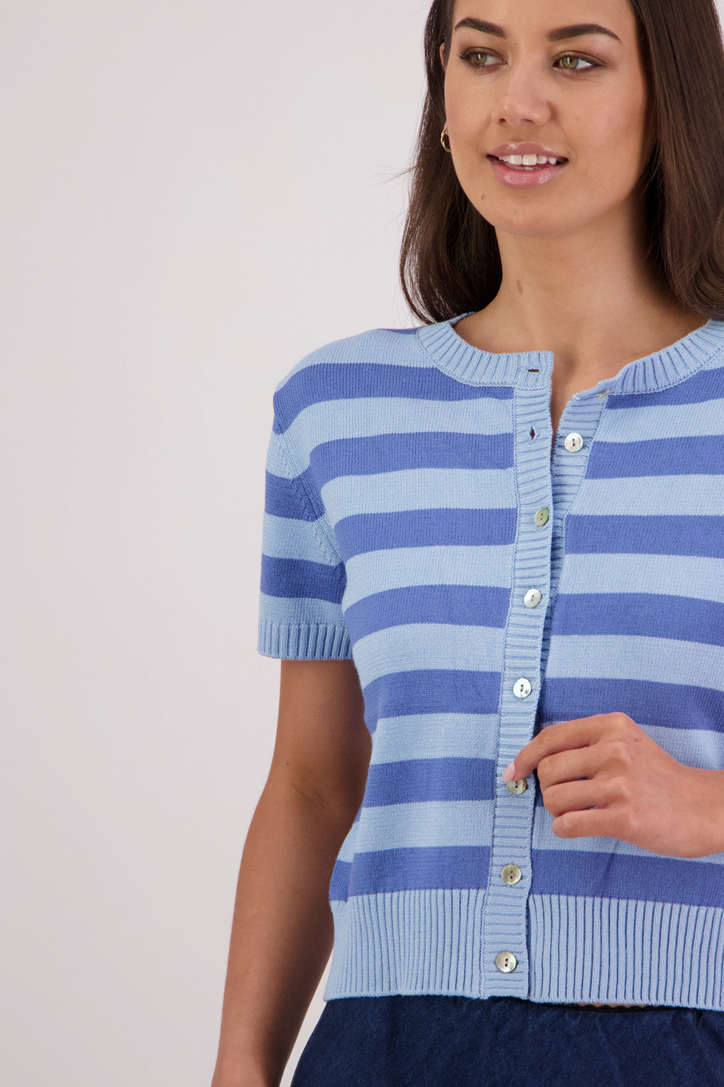 Closeup front view Briarwood Knit Cardigan in Sky/Blue Stripe.