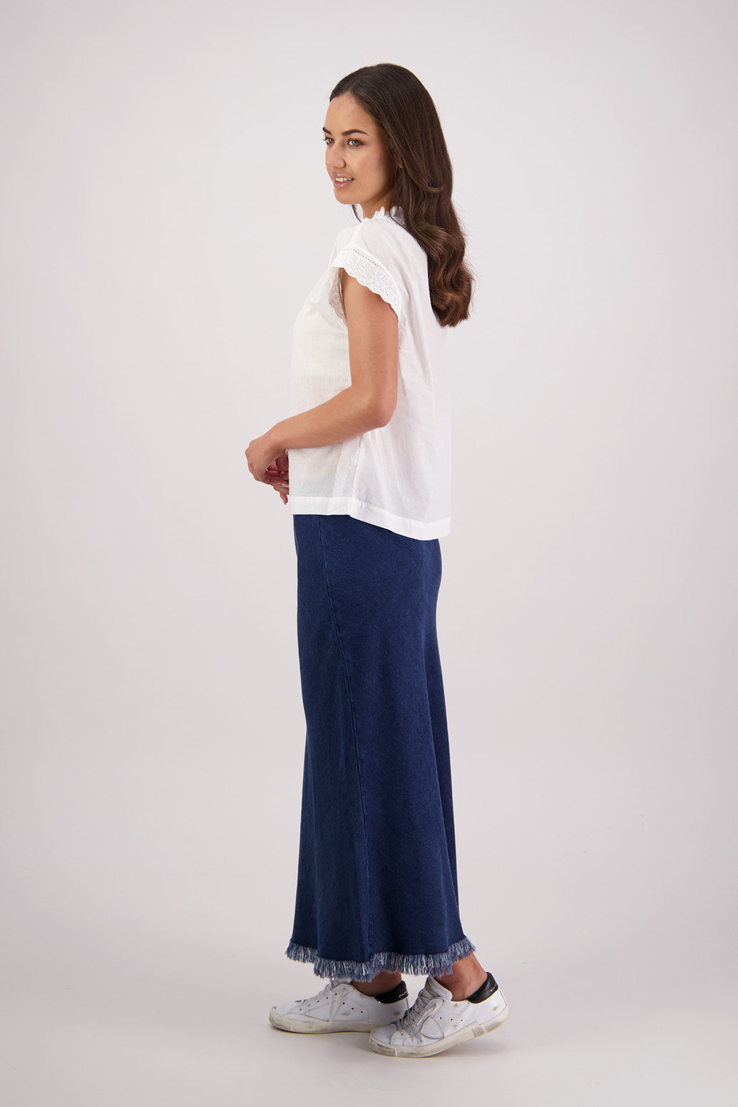 Side view Briarwood Tashi Tencel Denim Skirt.
