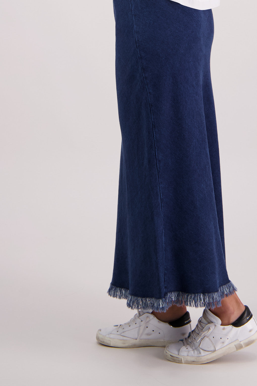 Closeup side view Briarwood Tashi Tencel Denim Skirt.