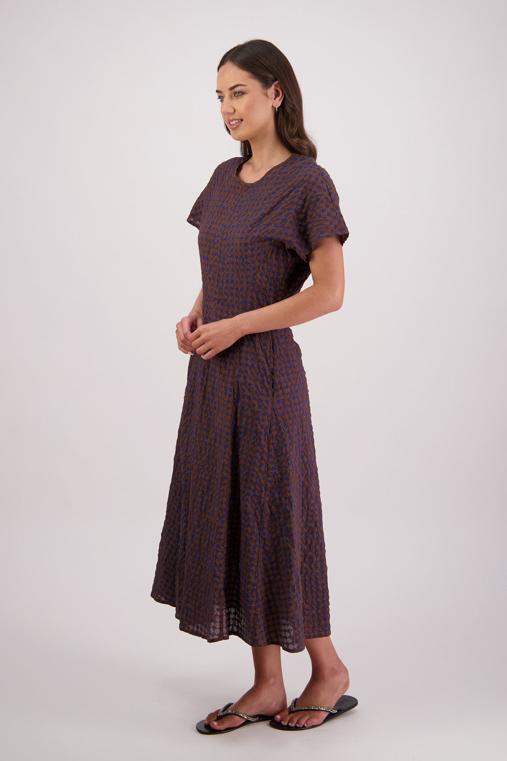 Side view Briarwood Tasman Dress in Brown/Ink print.