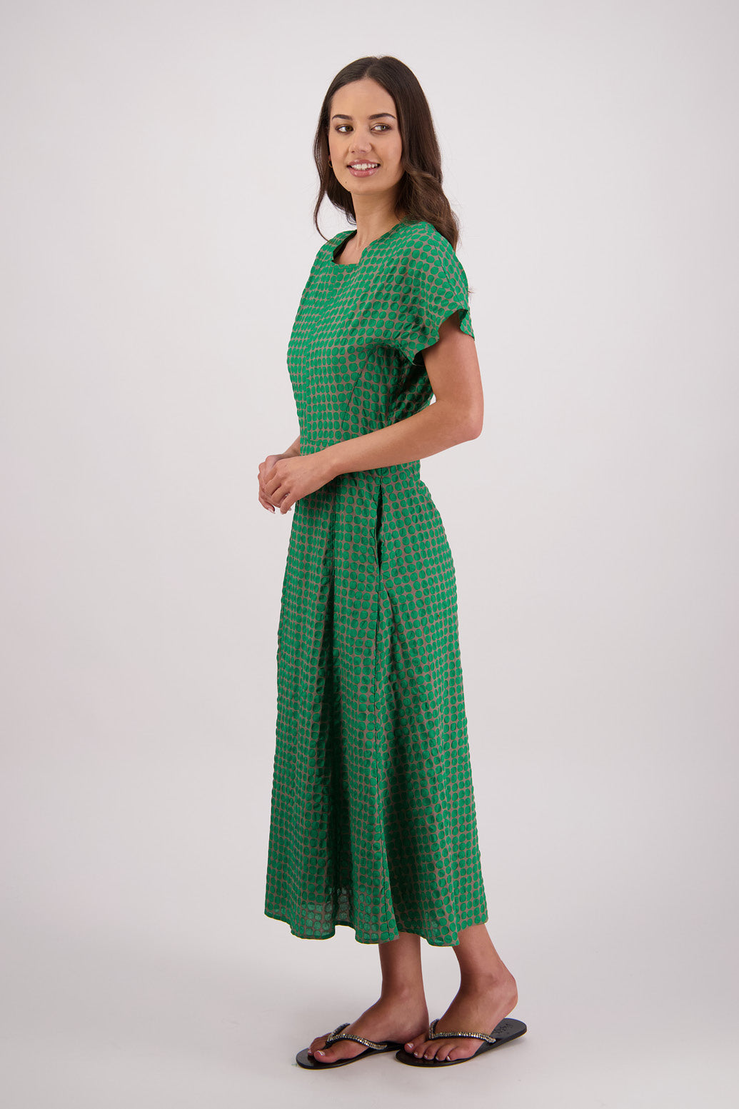 Side view Briarwood Tasman Dress in Grey/Green print.