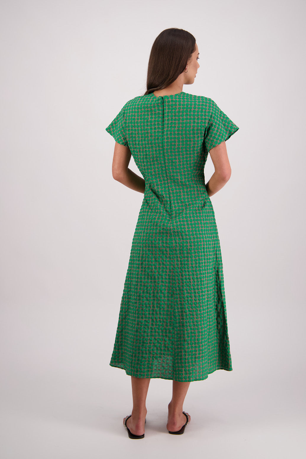 Back view Briarwood Tasman Dress in Grey/Green print.