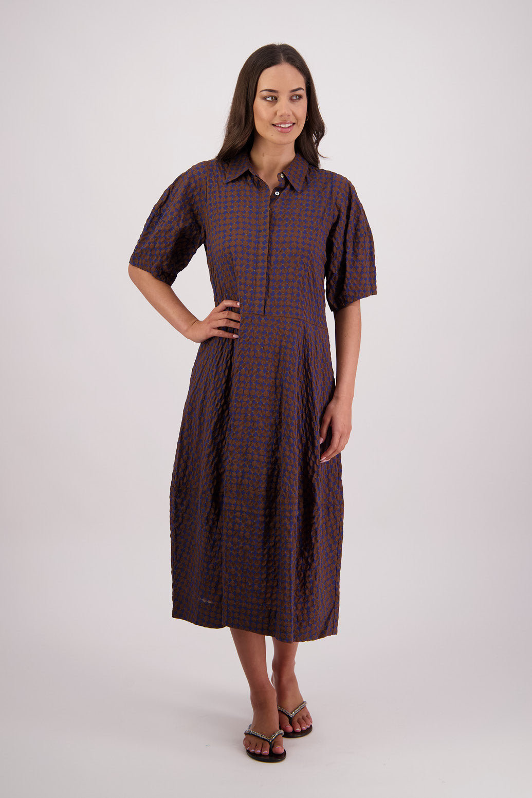 Briarwood Tatum Shirt Dress in Brown/Ink print, 100% Cotton.