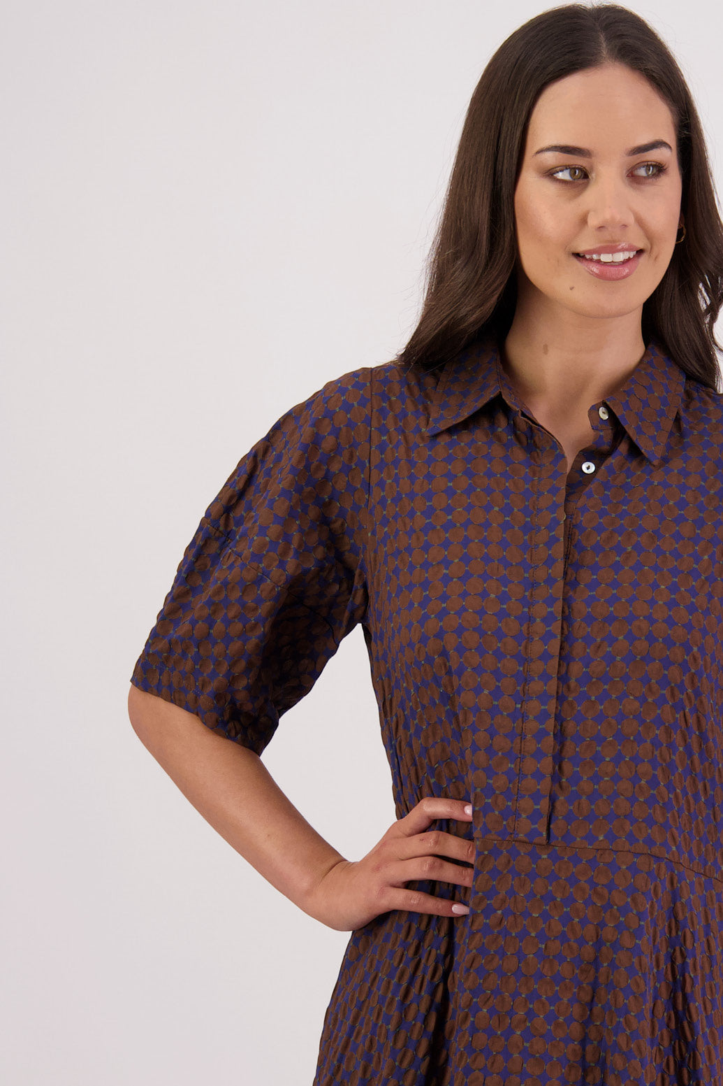 Closeup front view Briarwood Tatum Shirt Dress in Brown/Ink print.