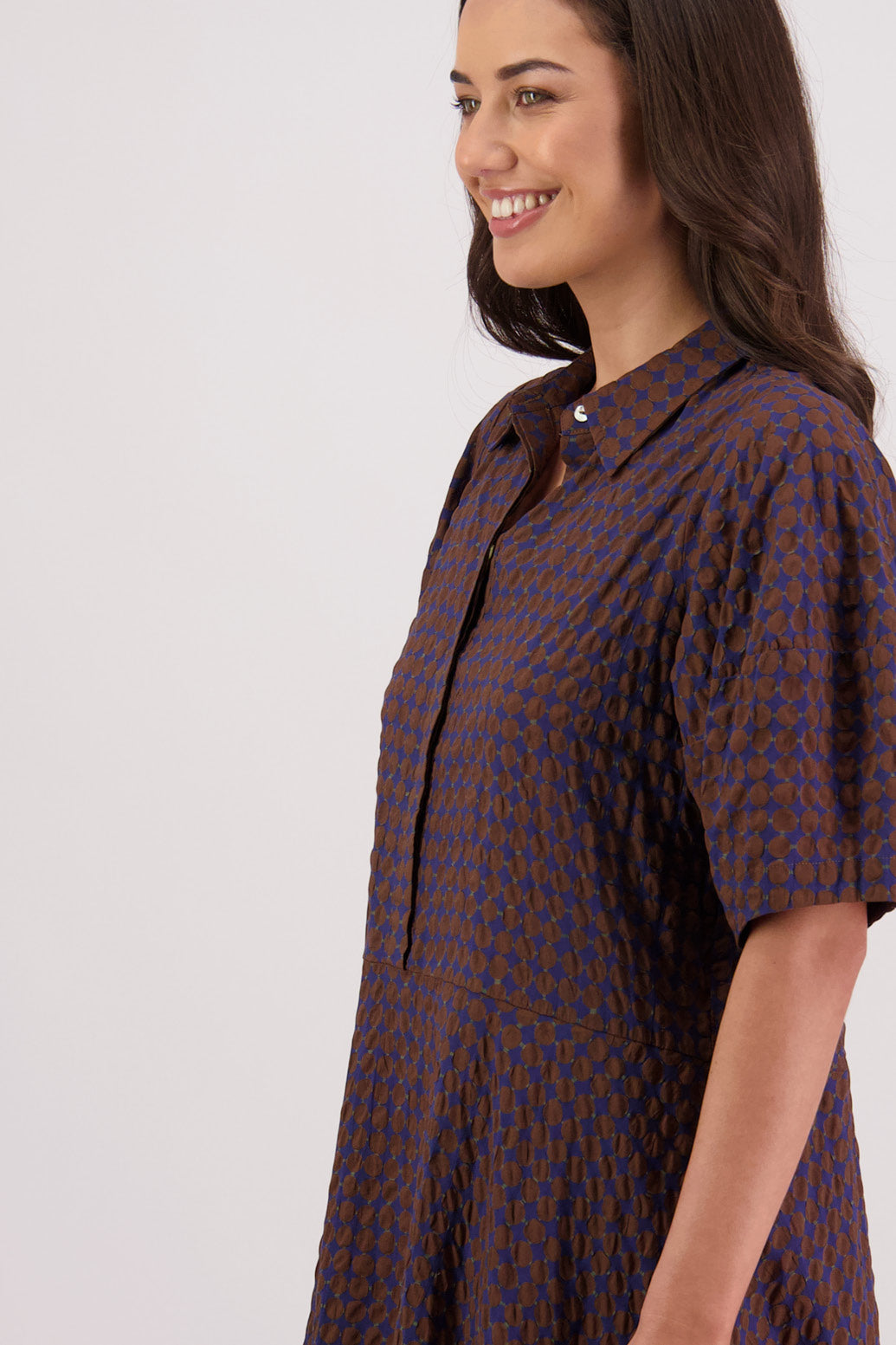 Closeup side view Briarwood Tatum Shirt Dress in Brown/Ink print.