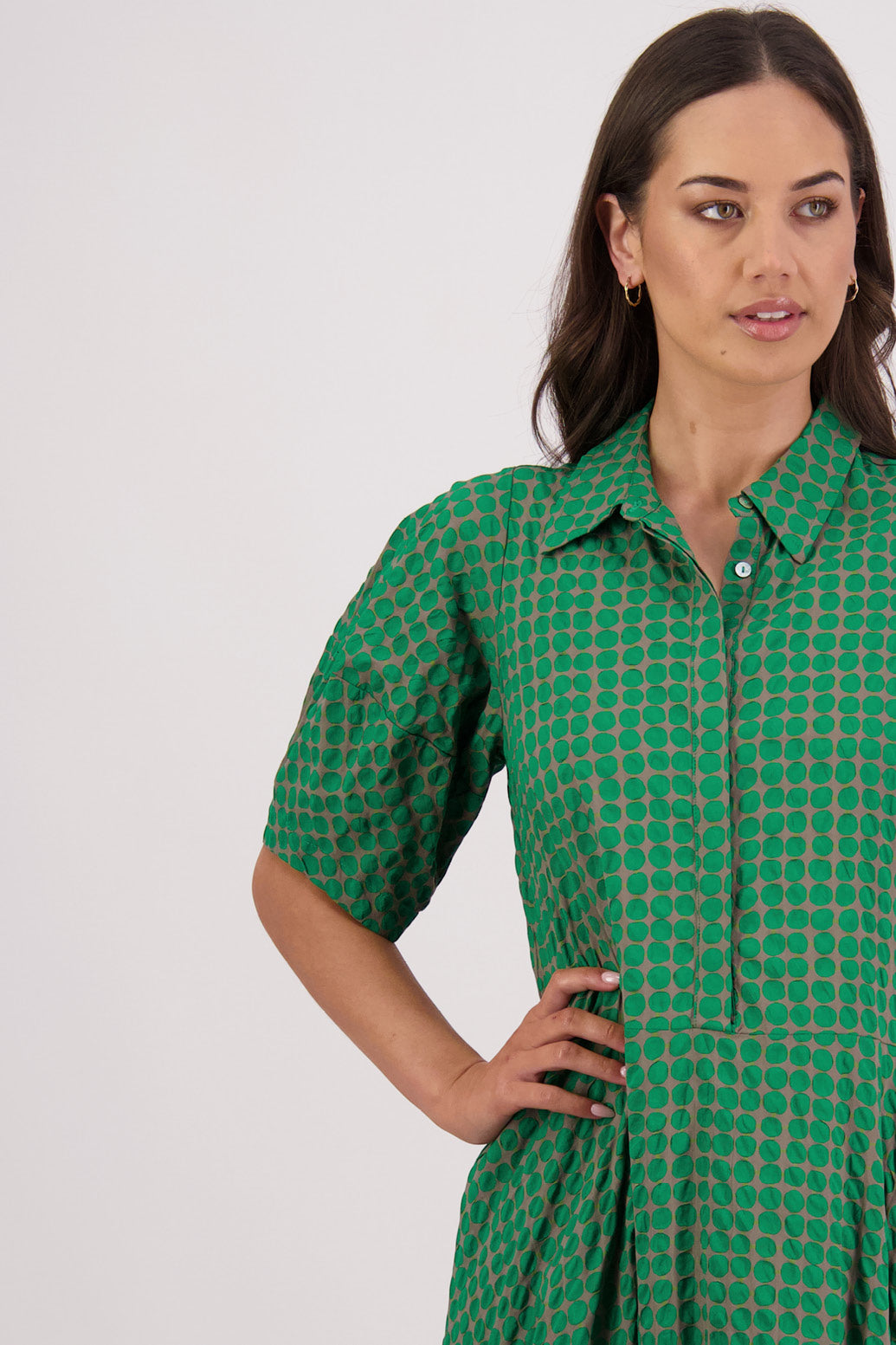 Closeup front view Briarwood Tatum Shirt Dress in Grey/Green print..