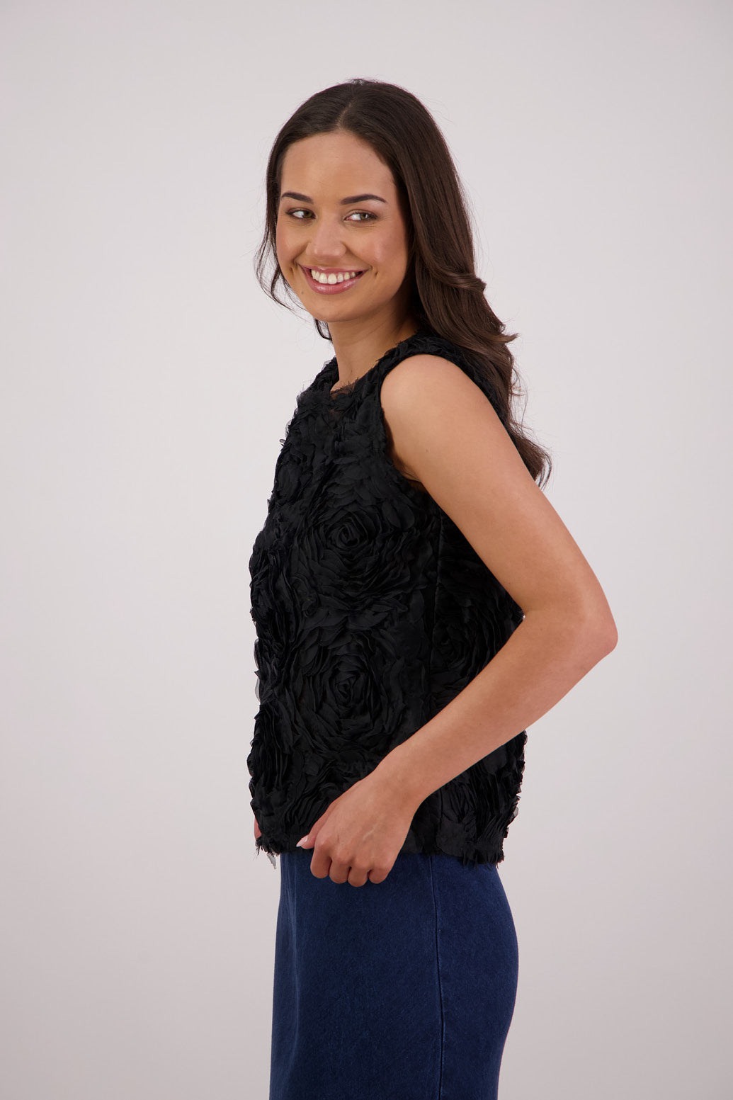 Side view Briarwood Ted Top in Black Lace.