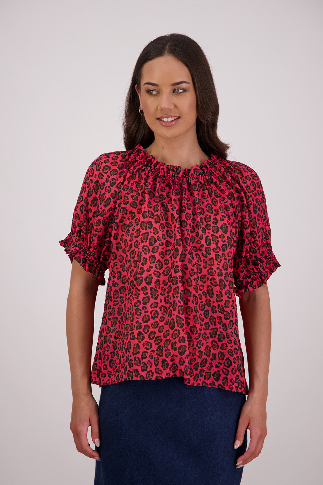 Briarwood Teddy Top in red animal print, 100% ramie.