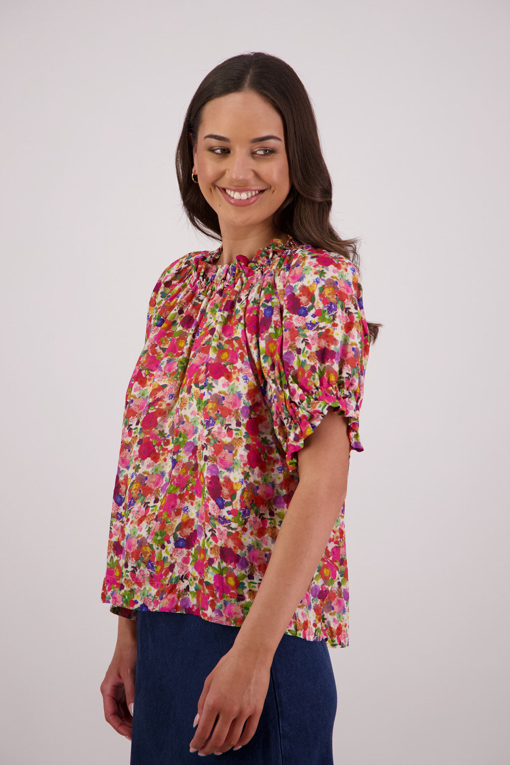 Side view of Briarwood Teddy Top in bright floral print.