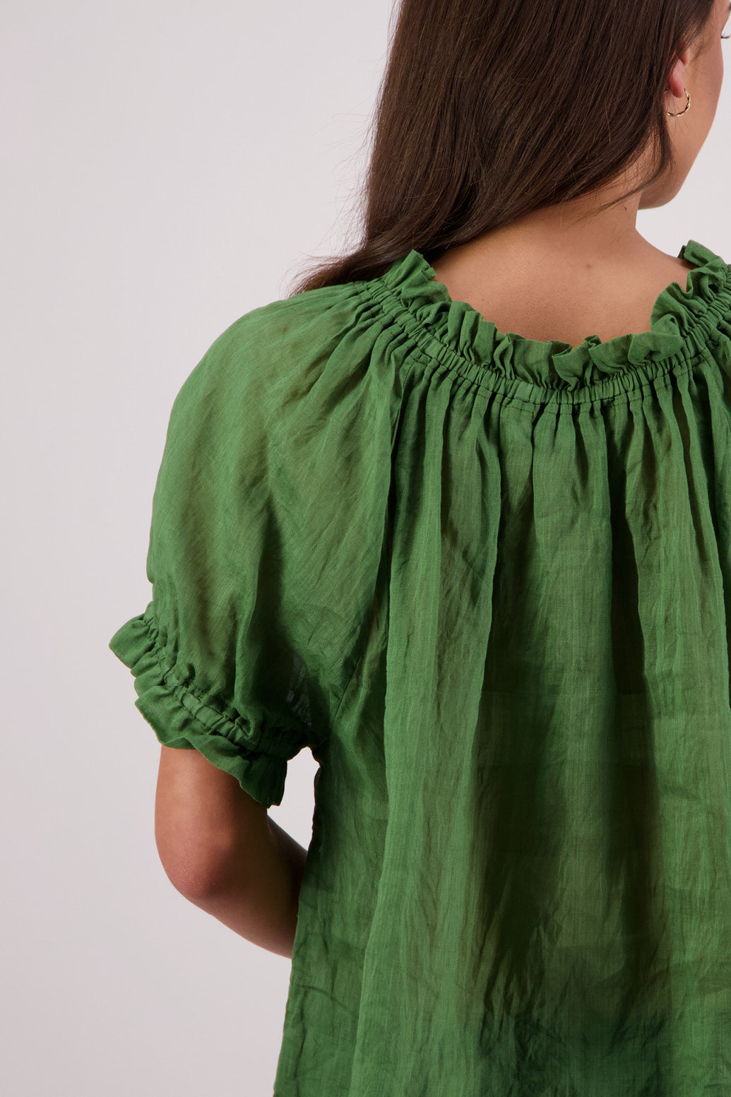 Closeup back view Briarwood Teddy Top in Green.