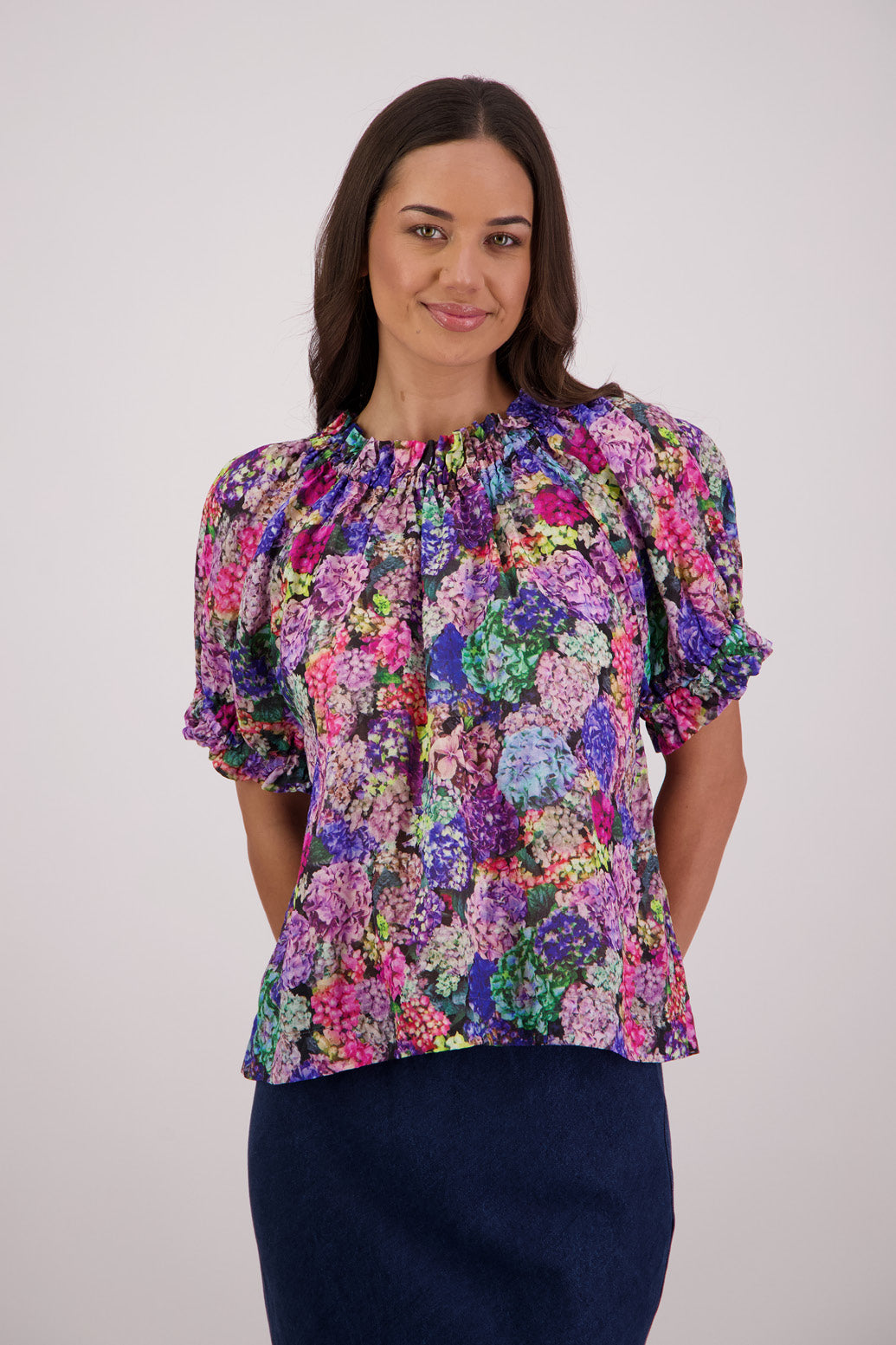 Briarwood Teddy Top in hydrangea print, 100% Ramie.