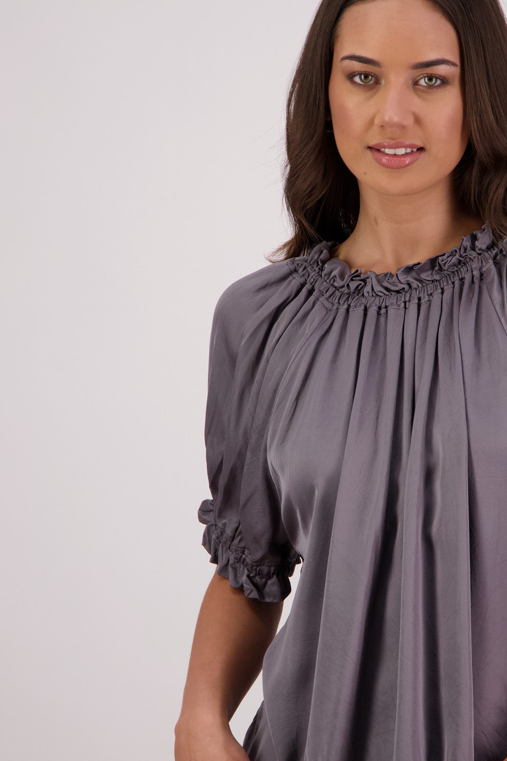 Closeup front view Briarwood Teddy top in silver.