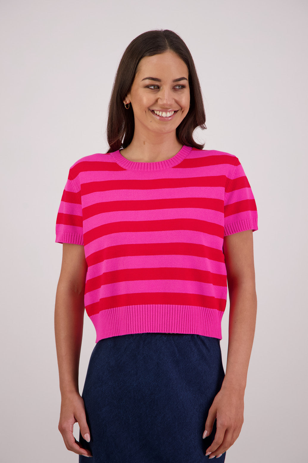 Briarwood Teenie Knit Top in Pink/Red Stripe, 72% Viscose, 28% Polyester.