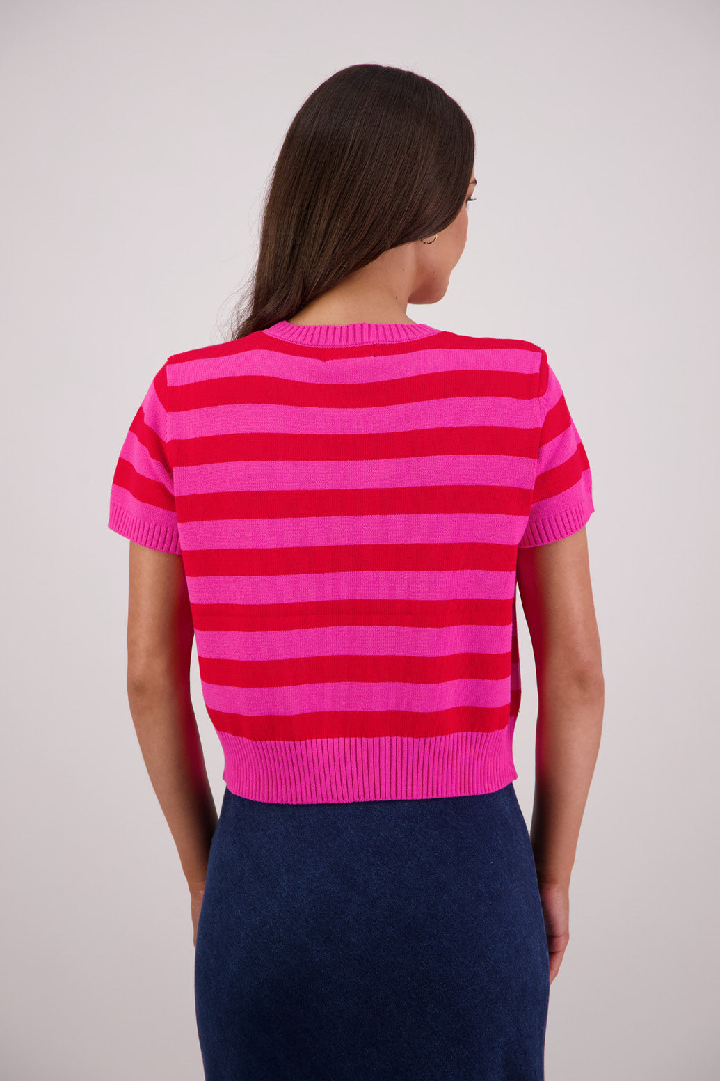 Back view Briarwood Teenie Knit Top in Pink/Red Stripe.