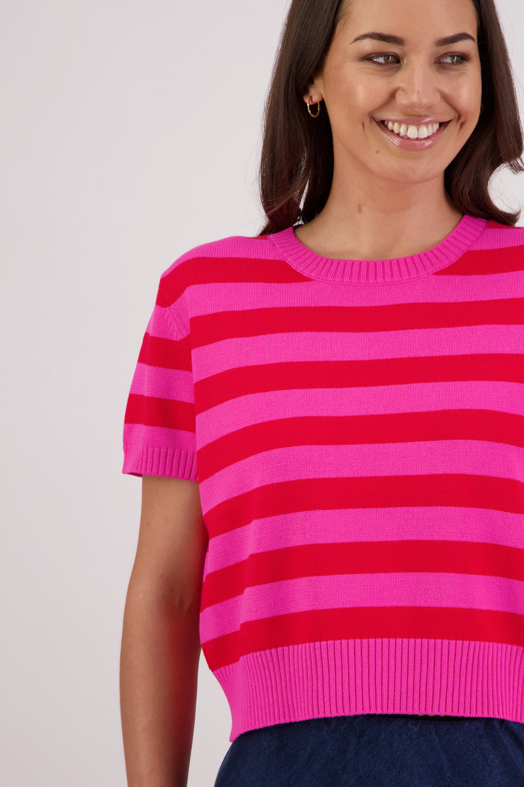Closeup front view Briarwood Teenie Knit Top in Pink/Red Stripe.