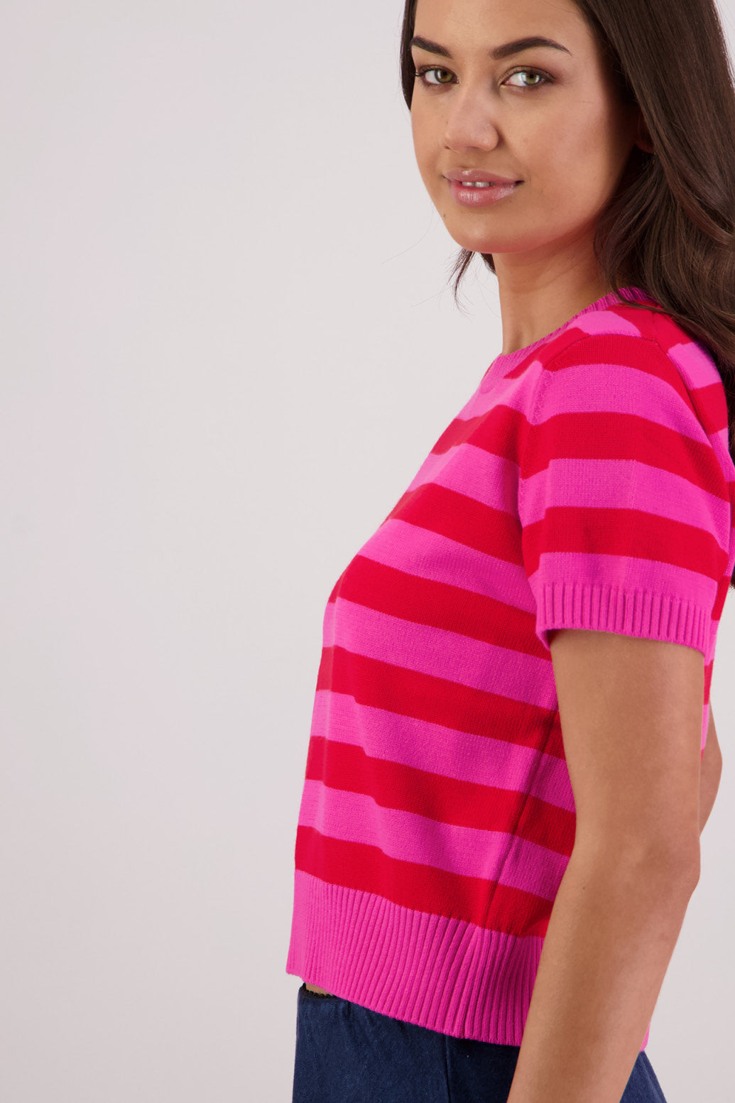 Closeup side view Briarwood Teenie Knit Top in Pink/Red Stripe.