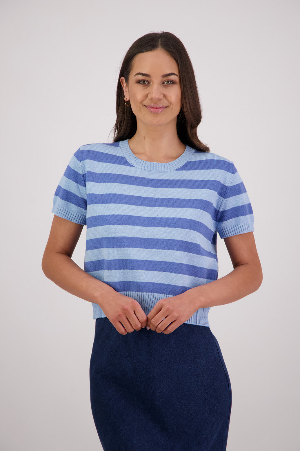 Briarwood Teenie Knit Top in Sky/Blue Stripe, 72% viscose, 28% polyester.