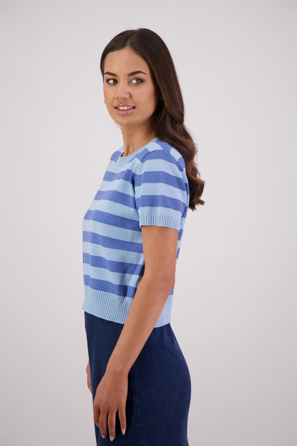 Side view Briarwood Teenie Knit Top in Sky/Blue Stripe.