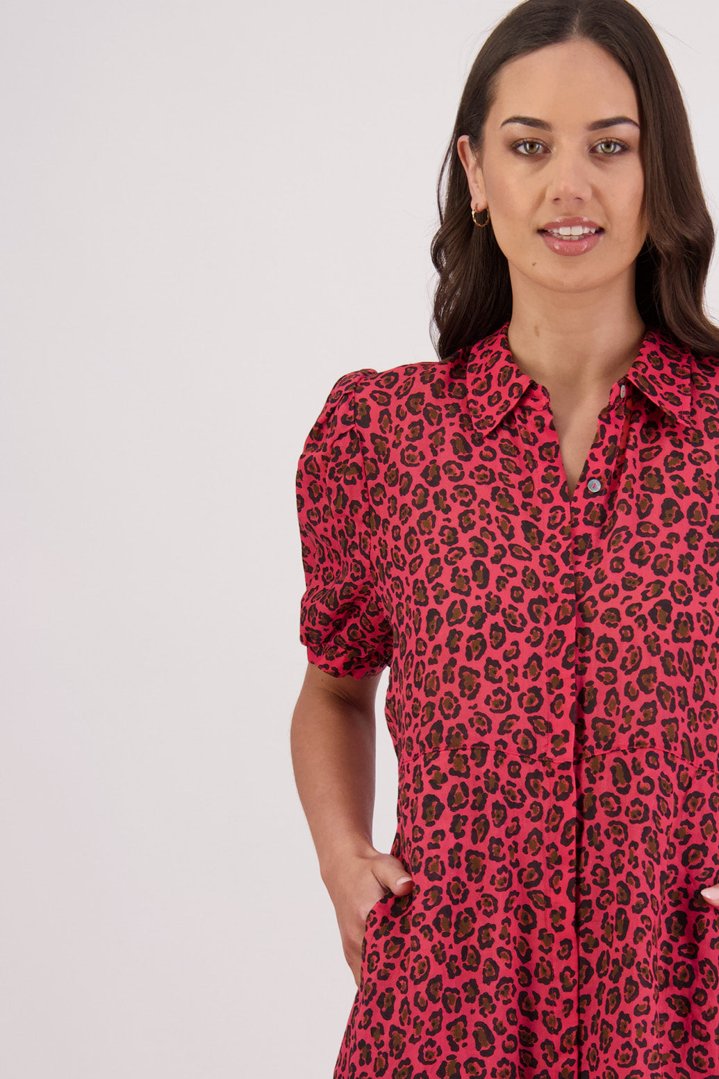 Close up front view Briarwood Thelma Shirt Dress in Animal print.