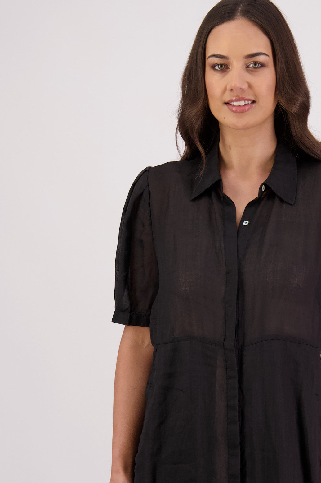 Closeup front view Briarwood Thelma Shirt Dress in Black.