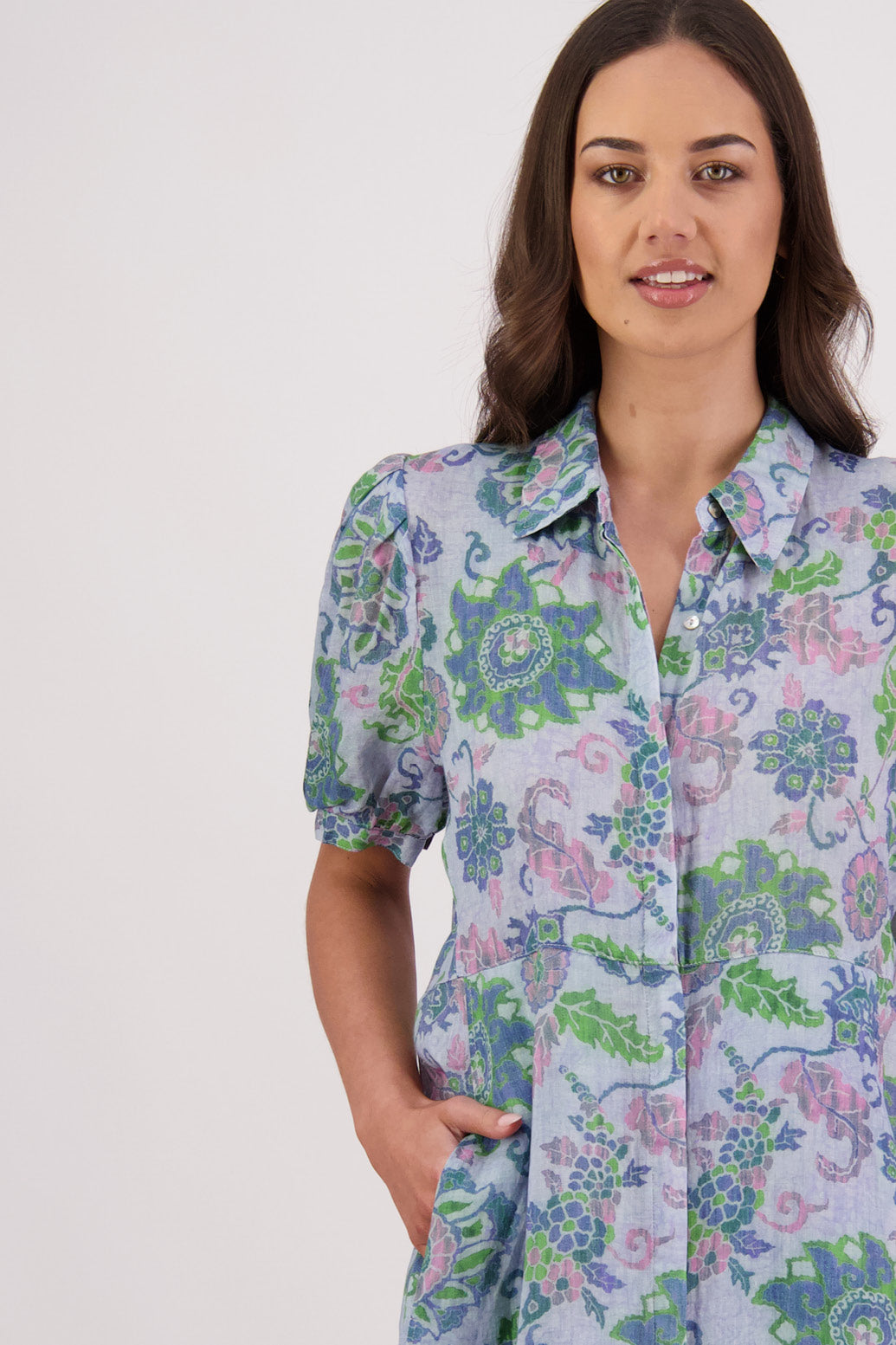 Close up front view of Briarwood Thelma Shirt Dress in Blue Floral print.