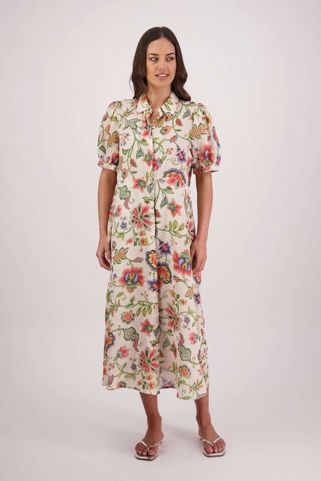 Briarwood Thelma Shirt Dress in Jacobean print, 100% Ramie.
