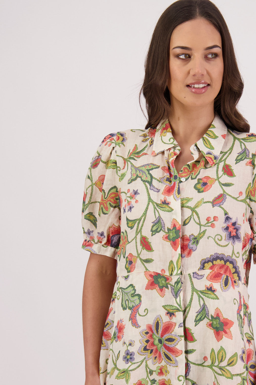 Close up front view Briarwood Thelma Shirt Dress in Jacobean print.