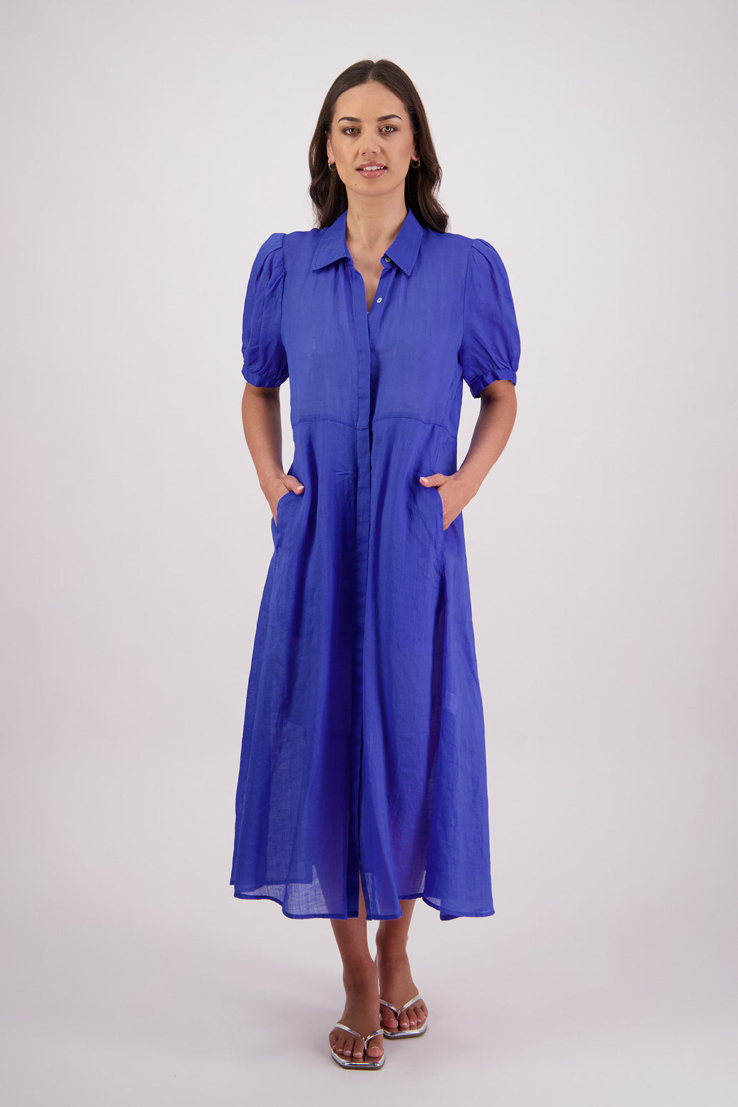 Briarwood Thelma Shirt Dress in Royal, 100% Ramie.