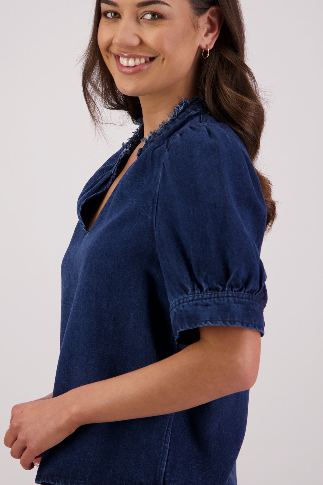 Closeup side view Briarwood Theodore Tencel Denim Shirt.