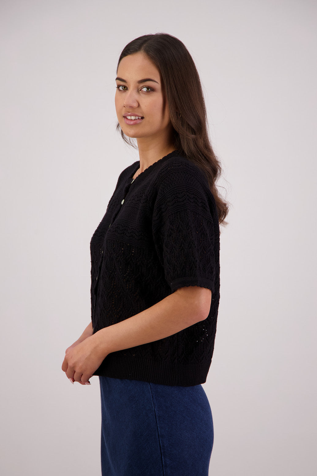 Side view Briarwood Theresa Knit Cardigan in Black.