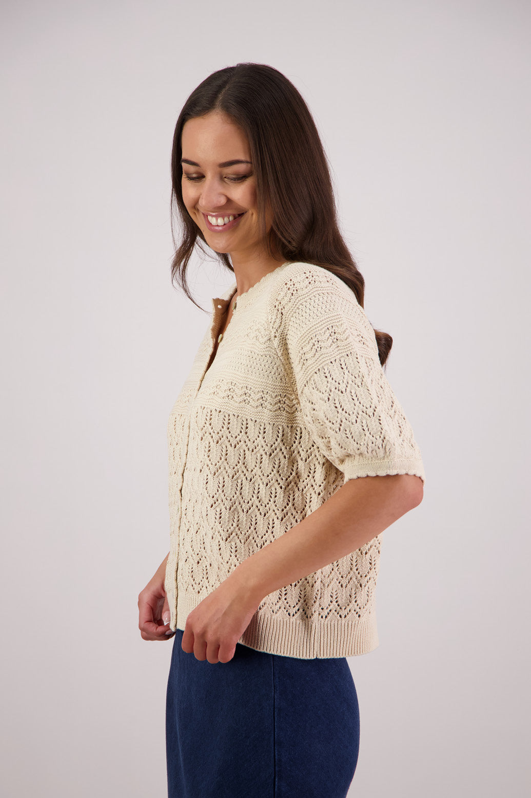 Side view Briarwood Theresa Knit Cardigan in Natural.