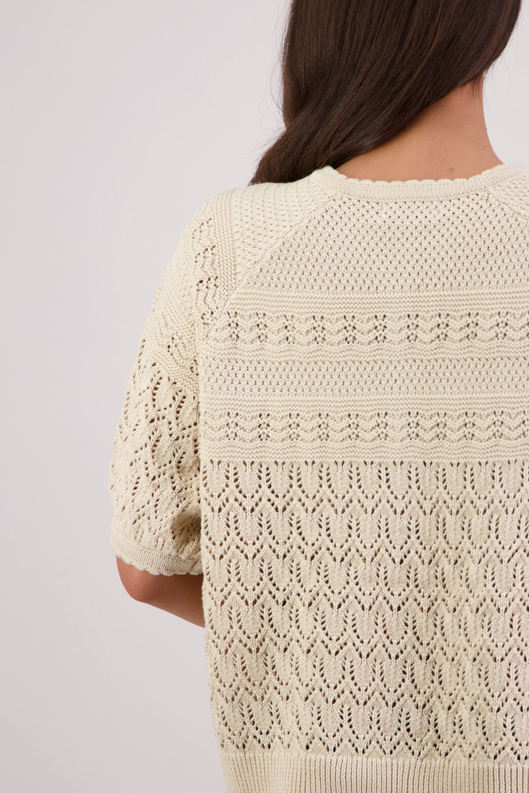 Closeup back view Briarwood Theresa Knit Cardigan in Natural.