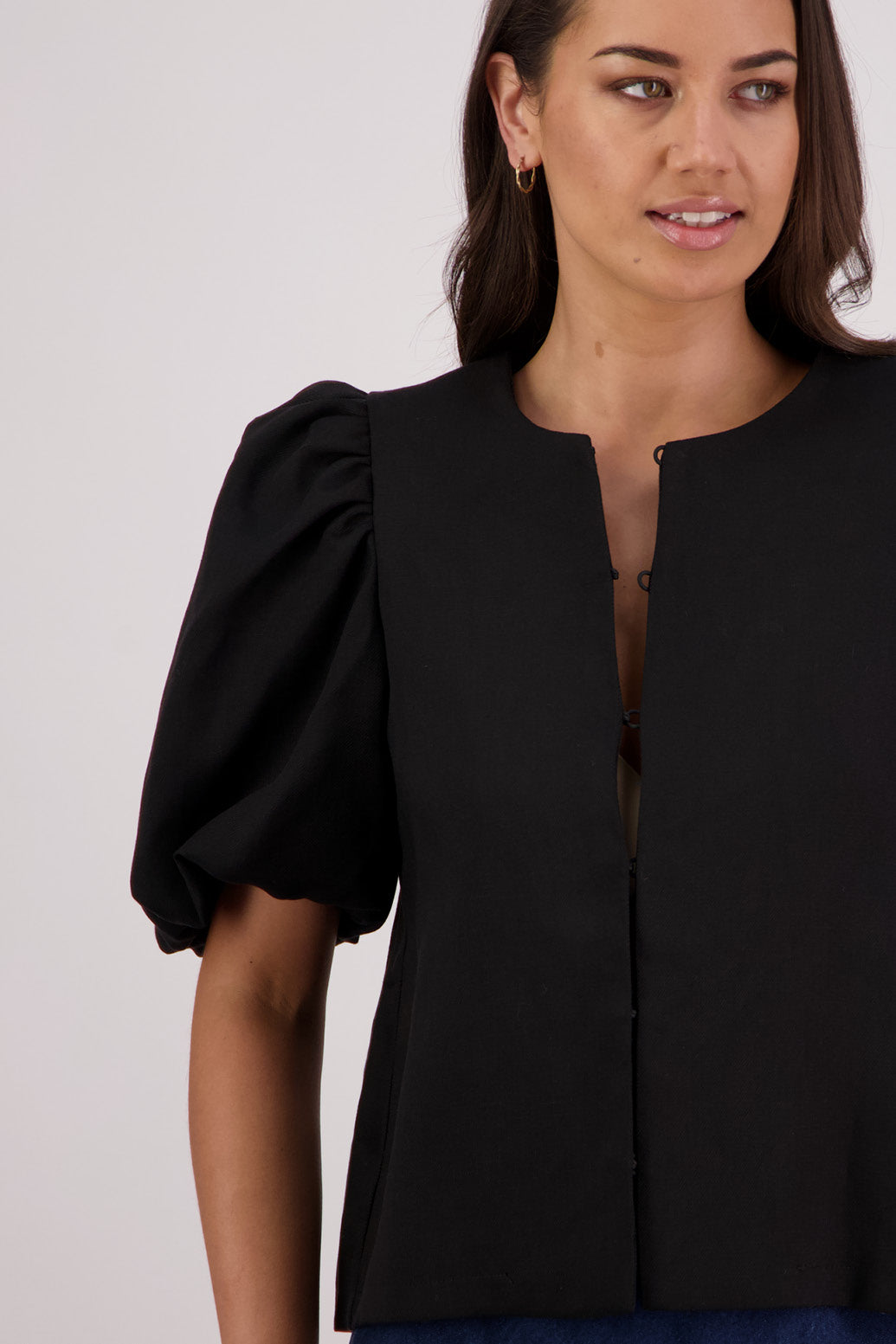 Closeup front view Briarwood Therese Top/Jacket in Black.