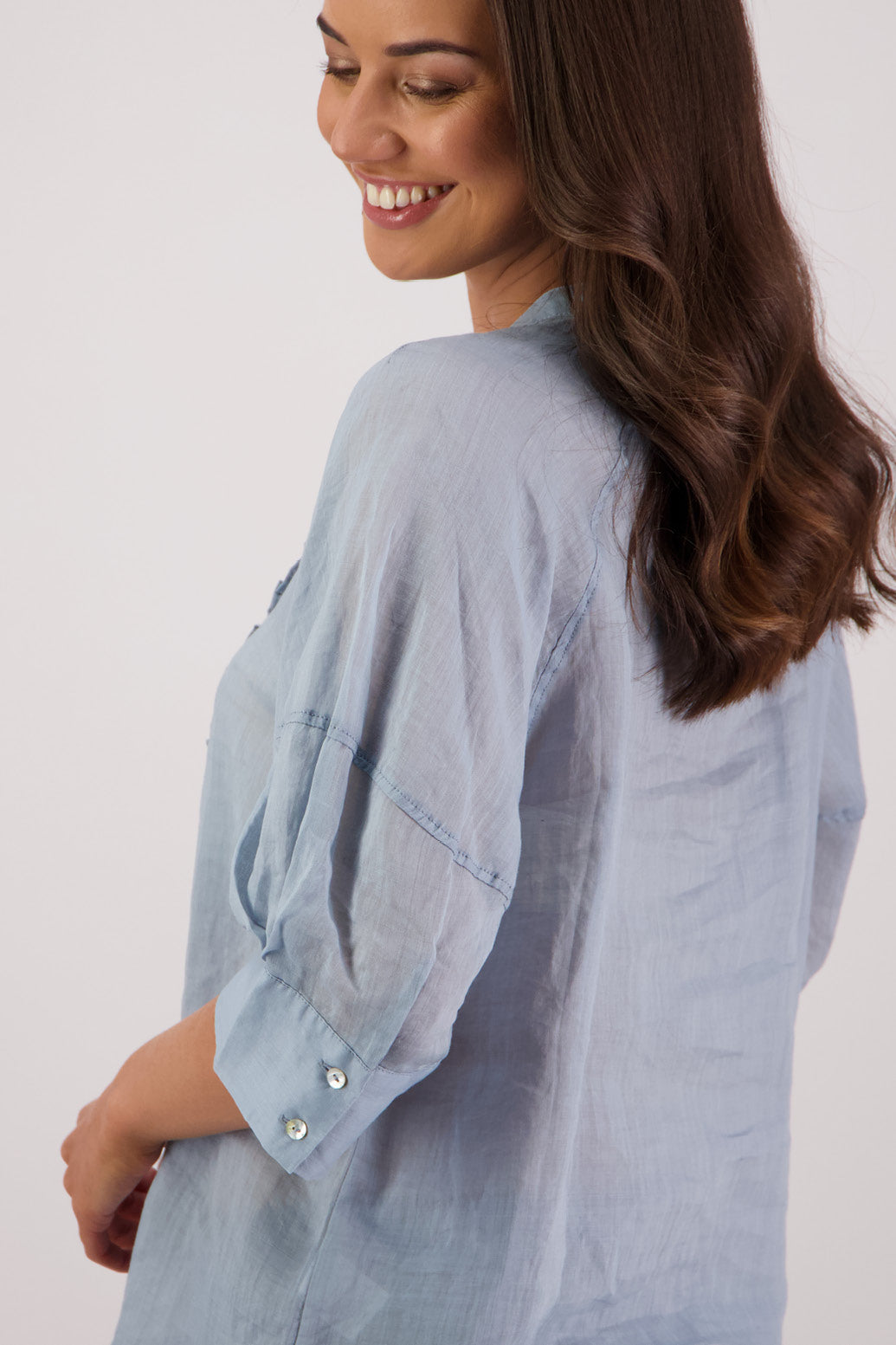 Closeup back view Briarwood Tiffany Shirt in Cornflower.