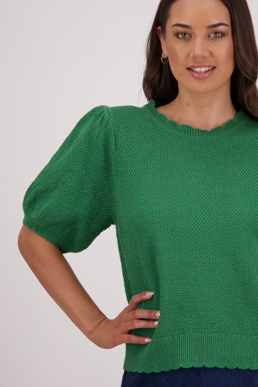 Closeup front view Briarwood Tiger Knit Top in Green.