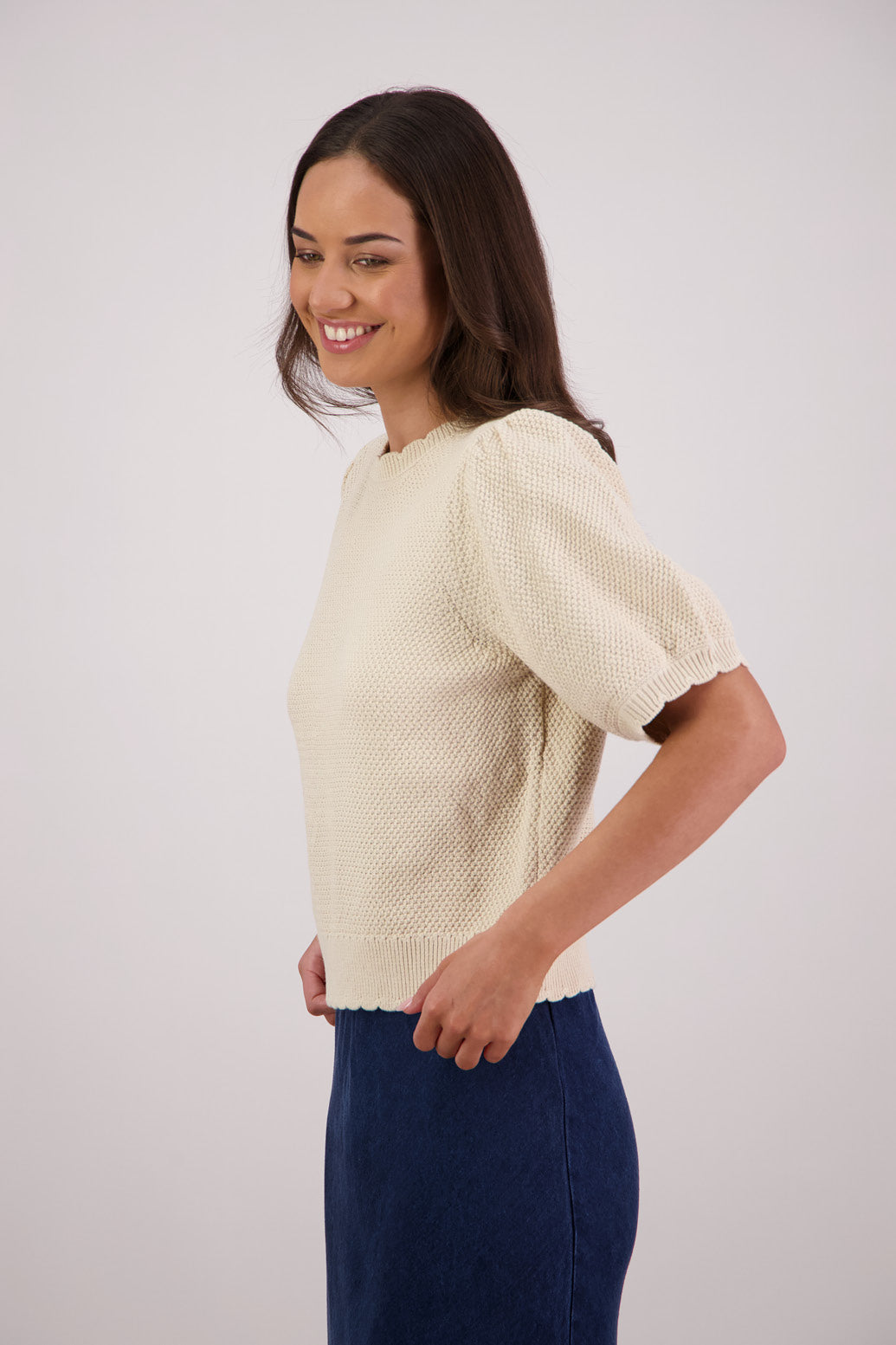 Side view Briarwood Tiger Knit Top in Natural.