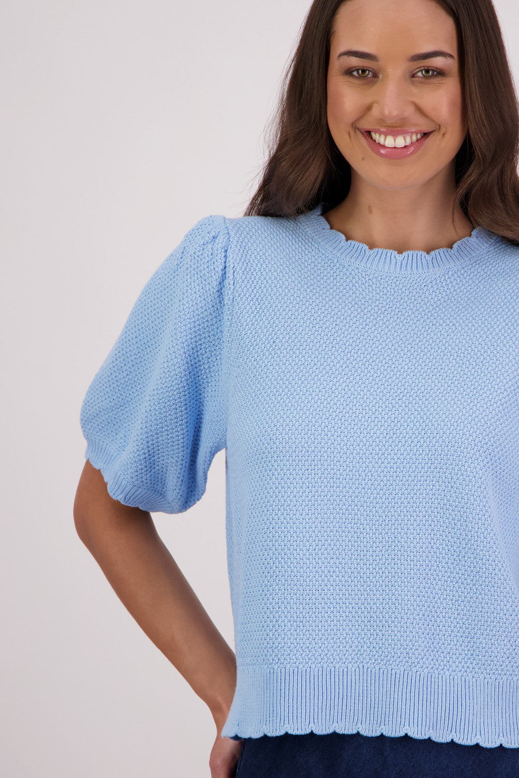 Closeup front view Briarwood Tiger Knit Top in Sky Blue.