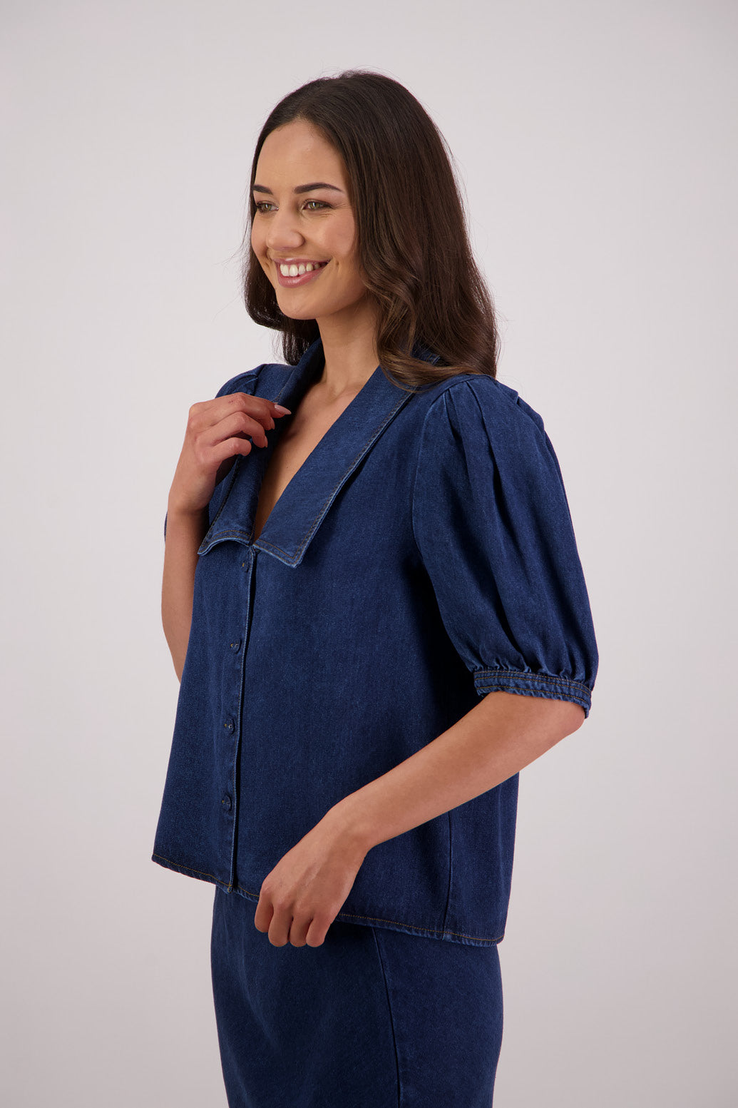 Side view Briarwood Toby Tencel Denim Shirt.