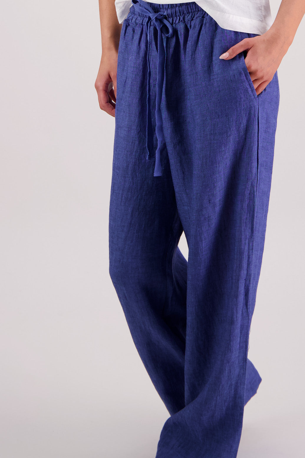 Closeup side view Briarwood Toddy Pant in Blue.