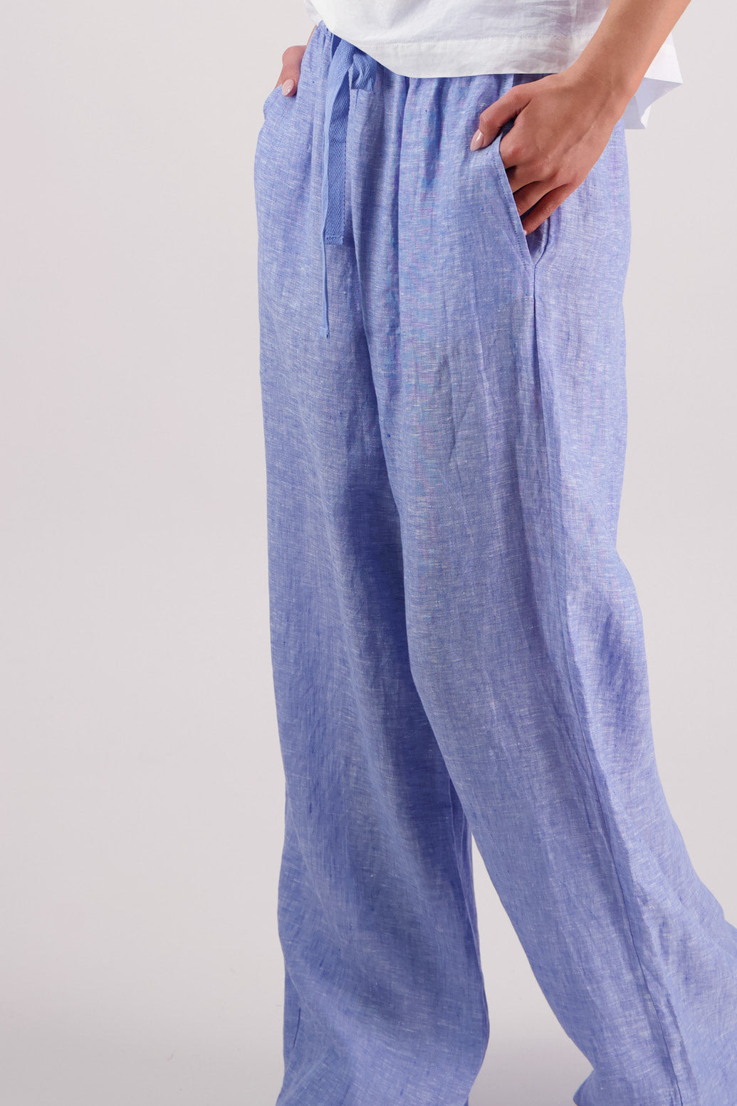Closeup side view Briarwood Toddy Pant in Sky Blue.