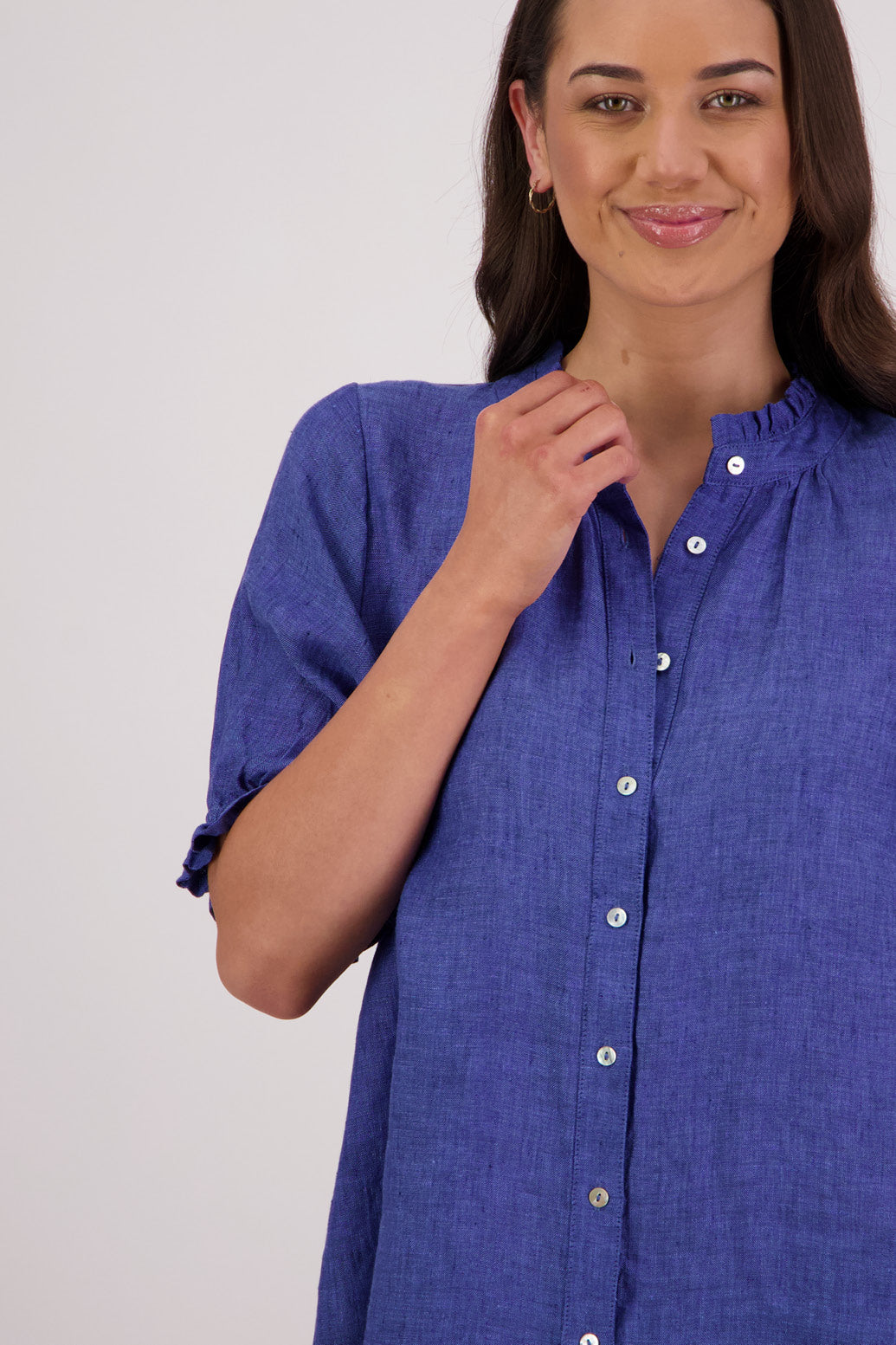 Closeup front view Briarwood Tom Shirt in Blue.