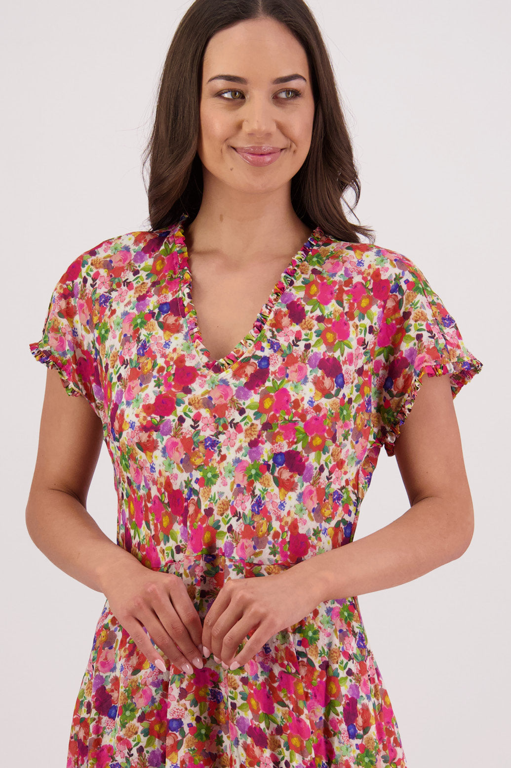Close up of front view of Briarwood Tori Dress in Bright Floral print.