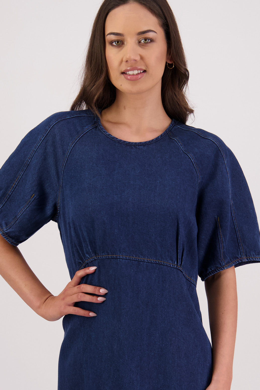 Closeup front view Briarwood Tosca Tencel Denim Dress.