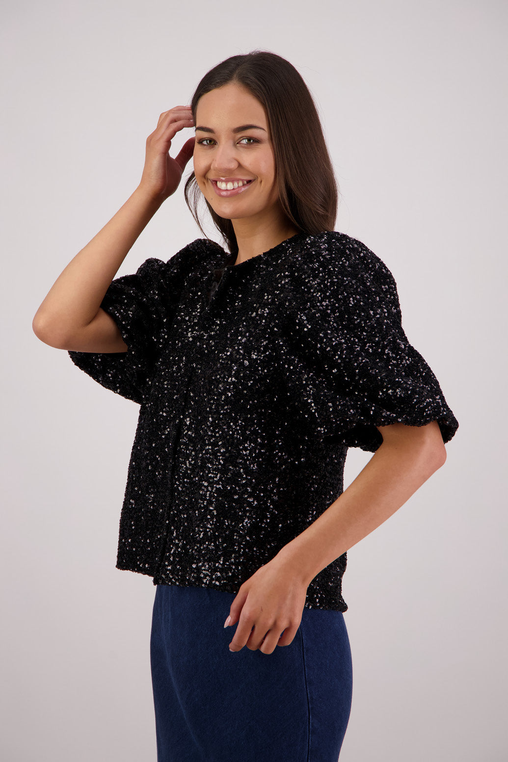 Side view Briarwood Treasure Top in Black Sequins.