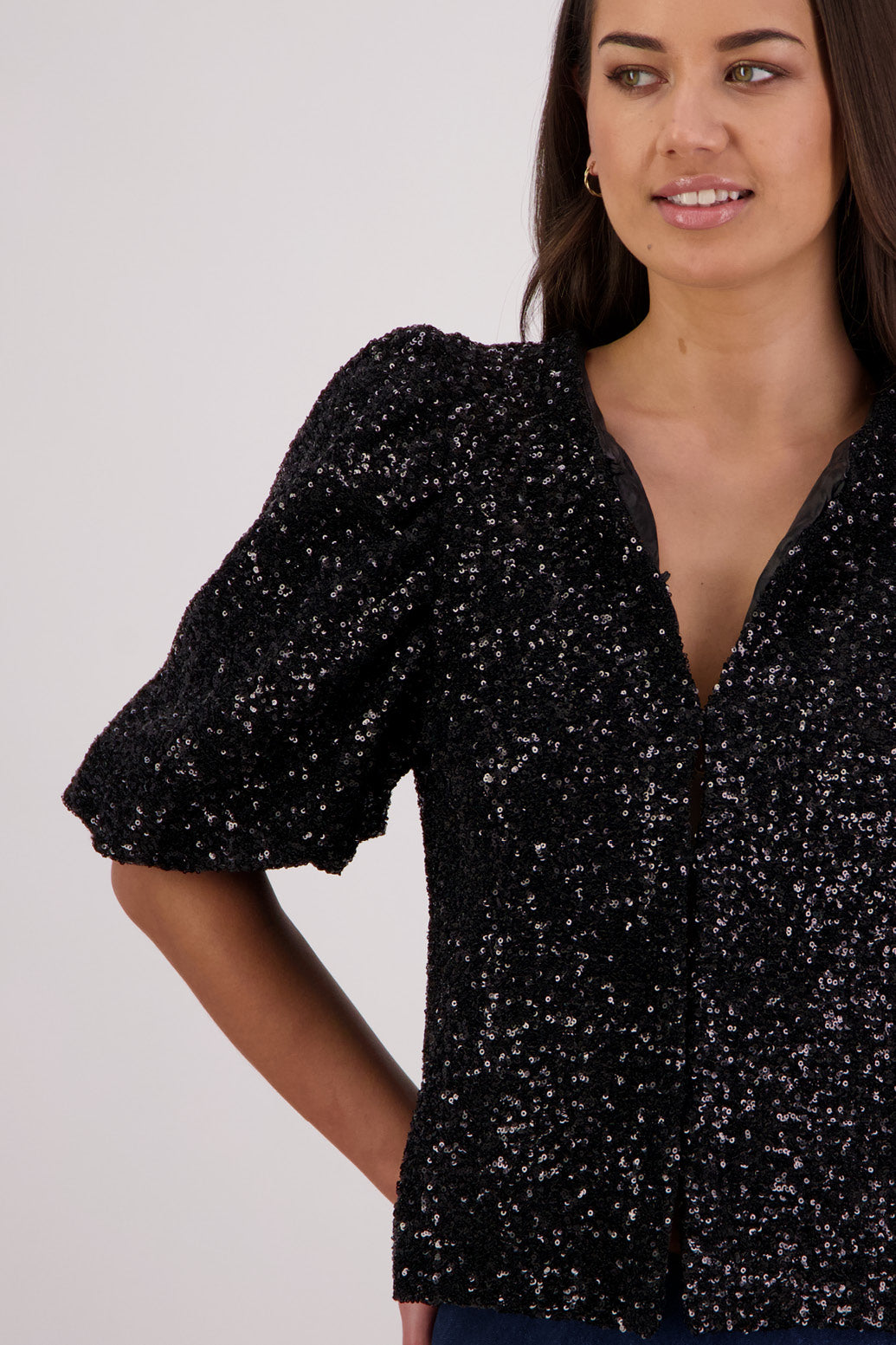 Closeup front view Briarwood Treasure Top in Black Sequins.