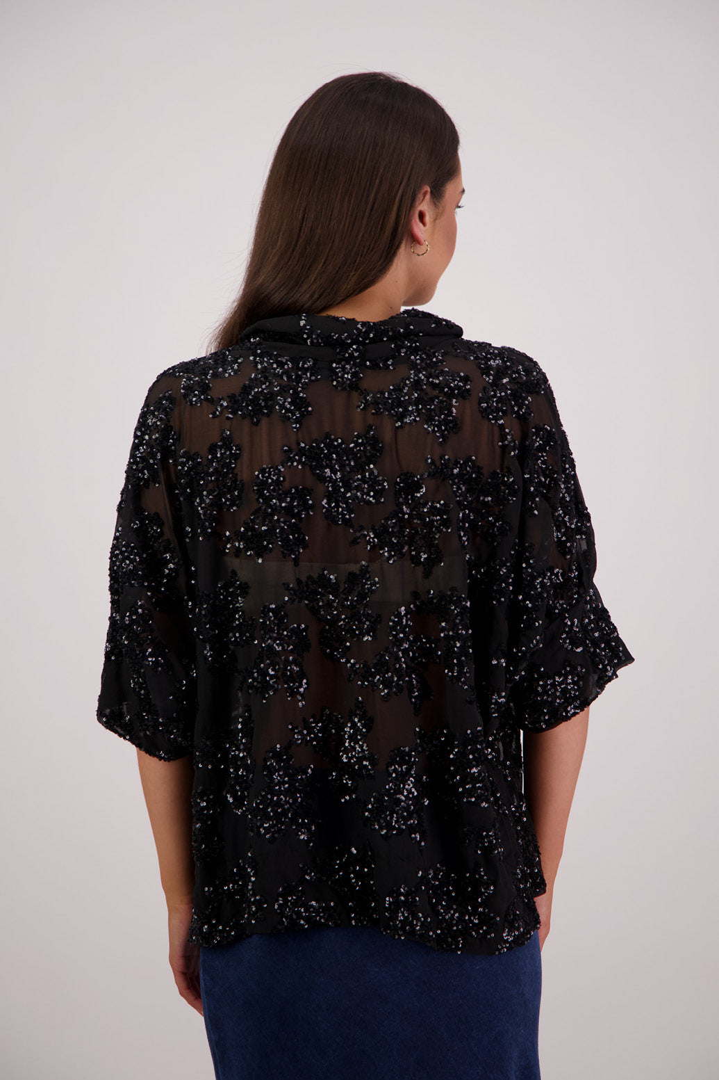Back view Briarwood Treat Sequin Top in Black.