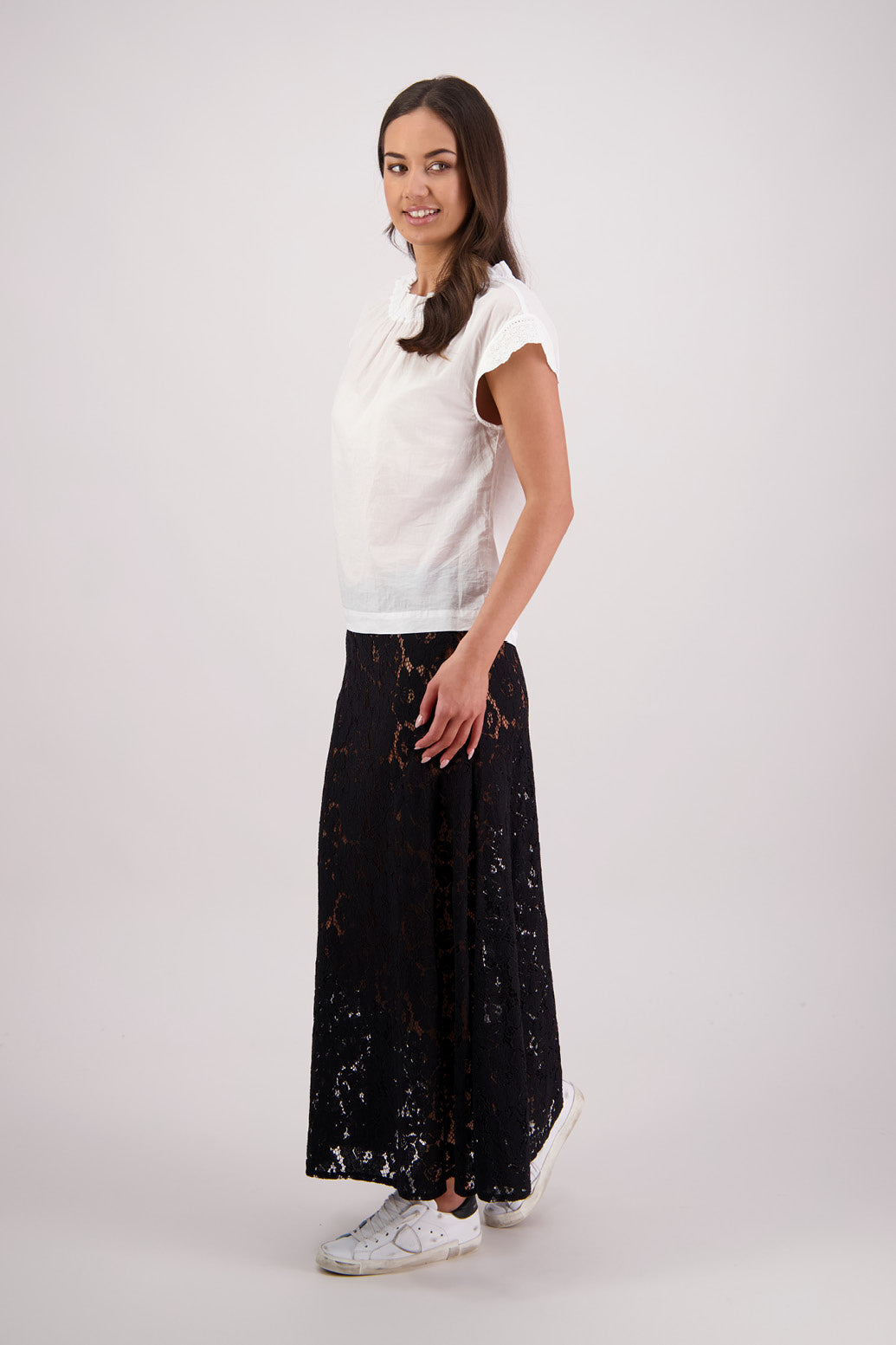 Side view Briarwood Twinkle Lace Skirt in Black.
