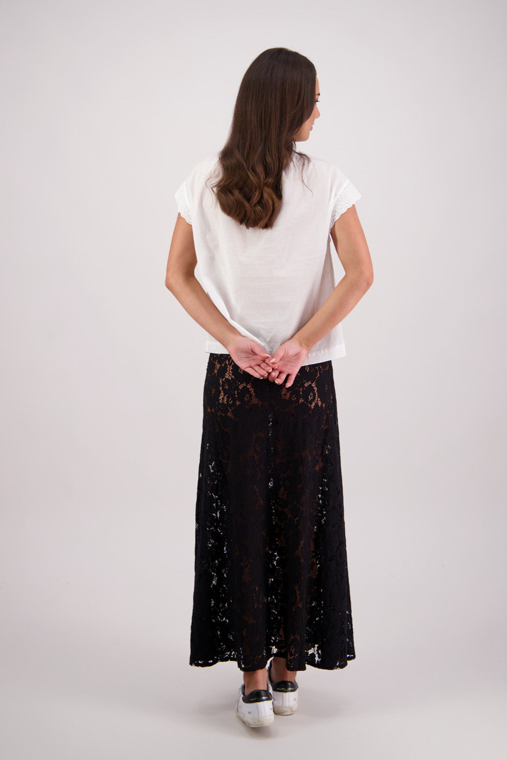 Back view Briarwood Twinkle Lace Skirt in Black.